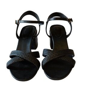 Schutz Karima Block Heel Sandals Black Woven Strap Ankle 9.5B Made in Brazil‎